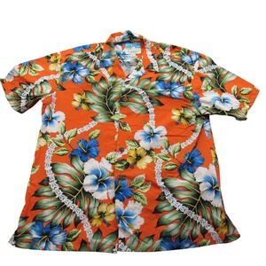Paradise on a Hanger Mens Orange Hibiscus Floral Print Button Up Shirt Size L